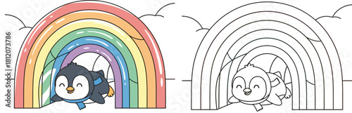 Joyful Cartoon Penguin Flying Through a Rainbow - Whimsical and Colorful Illustration for Kids