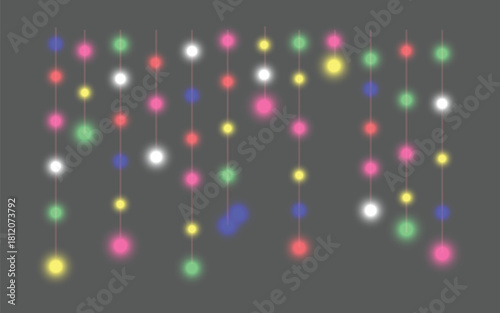 Glowing light strings on gray background colorful and festive design