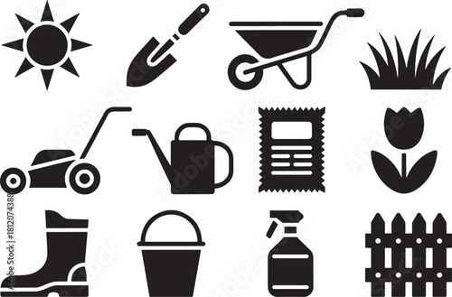 Black and white icons of gardening tools and elements