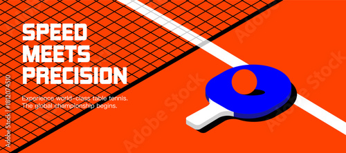 Bold Table Tennis Banner. Dynamic Orange Court Design with Blue Paddle, Ball, and Net Illustrating the Speed, Precision, and High-Energy Action of Competitive Ping Pong for Sports Promotions and Even.