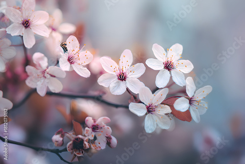 gentle spring flowers with a bee softly collecting nectar in pastel tones creating a natural calm mood