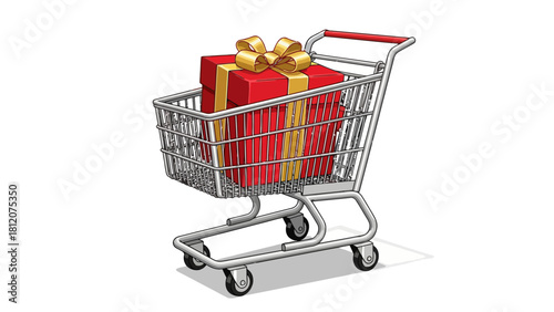 A shopping cart filled with a red gift box adorned with a gold bow