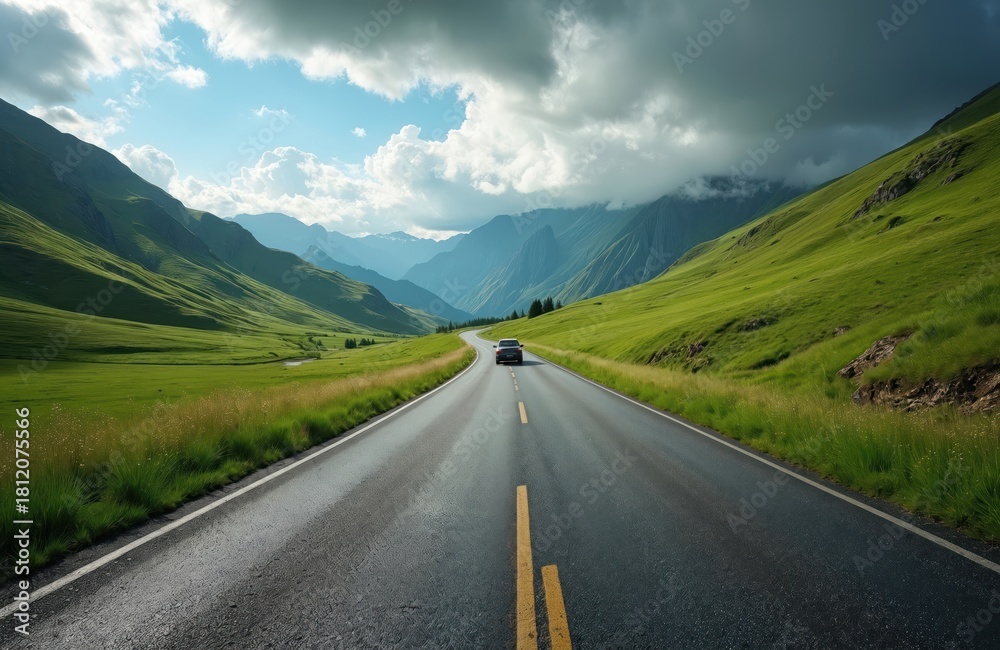 Naklejka premium Car travels on empty asphalt road through scenic mountain valley. Vehicle on summer road trip, journey into wild. Automobile moves along highway surrounded by green hills under cloudy sky.