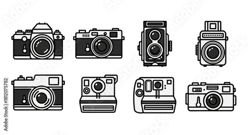Collection of Vintage and Modern Camera Illustrations in Black and White.