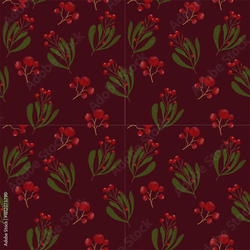 Seamless pattern. Christmas wallpaper with Eve flowers, plants on dark red background 