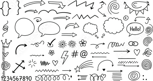 A collection of hand-drawn doodle elements including arrows, speech bubbles, stars, numbers, and decorative swirls on a white background