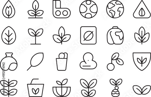 Black and white line art icons of plants and earth
