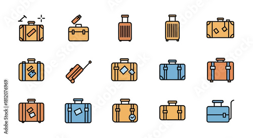 Colorful cartoon travel luggage icon set with suitcases, briefcases, and rolling bags.