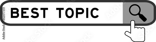 Search banner in word best topic with hand over magnifier icon on white background