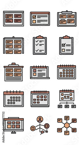 Colorful filled outline icon set for business project management, scheduling, and workflow organization.
