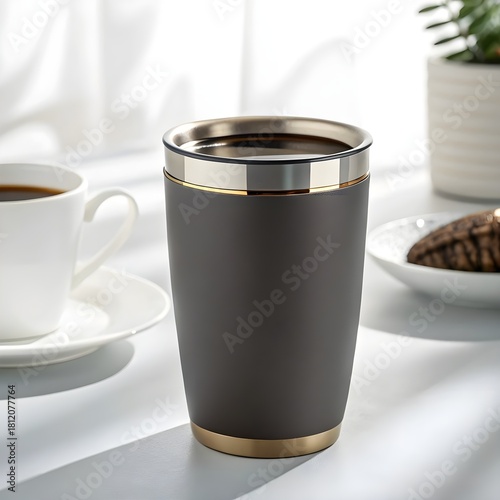 Gray insulated tumbler with coffee and a white cup isolated on white background