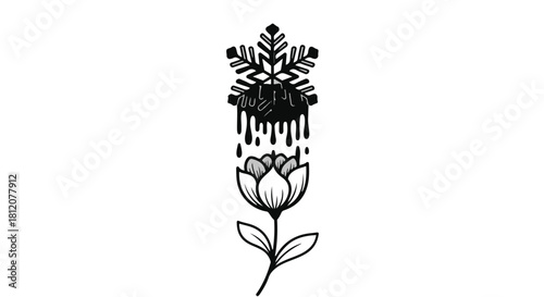 Delicate flower blooming under a melting snowflake, symbolizing change and new beginnings.