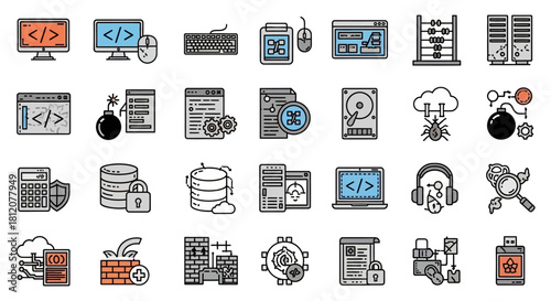 Colorful filled outline icon set for technology, coding, server administration, and cybersecurity.