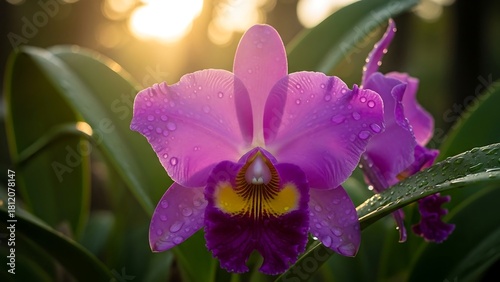 Radiant Purple Orchid Bloom Bathed in Golden Sunlight.