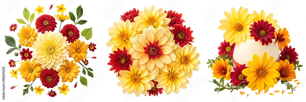 Obraz premium Set of surrounded by yellow and red flowers isolated on a transparent background
