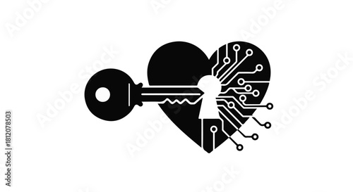 Digital key unlocking a heart with integrated circuit pathways, symbolizing data security and love.