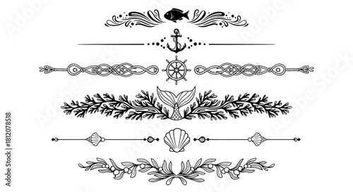 Set of nautical themed decorative dividers and borders with marine elements.