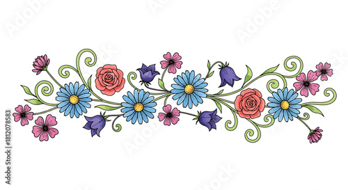 Vibrant Hand-Drawn Floral Border with Assorted Colorful Blooms and Swirls.