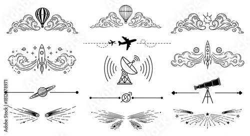 Collection of hand-drawn space and sky-themed dividers and decorative elements.
