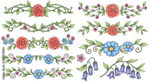 Collection of Hand-Drawn Floral Borders and Decorative Elements with Roses and Bluebells.