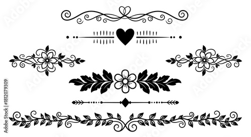 Elegant Black Floral Dividers and Ornaments for Decorative Design.