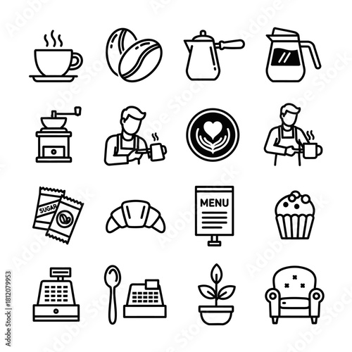 Coffee shop line art icons set - cup, beans, barista, grinder, latte art, croissant, menu, cupcake, cash register.