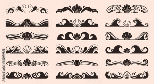Elegant Nautical Borders and Dividers with Seashells and Waves.