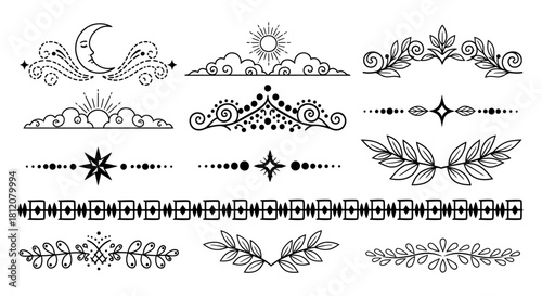 Hand drawn dividers and borders with celestial and natural elements.