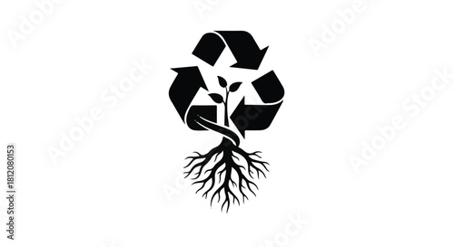 Recycle symbol with a growing plant and roots, symbolizing eco-friendly growth and sustainability.