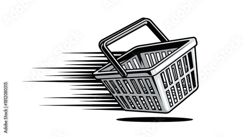 A stylized shopping basket with speed lines on a white background