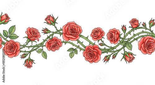 Seamless border of red roses and green leaves on a thorny vine.