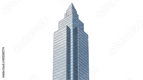 A tall angular skyscraper with a stepped pointed apex against a white background