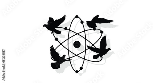 Silhouettes of birds in flight around a stylized atomic symbol, representing freedom and scientific discovery
