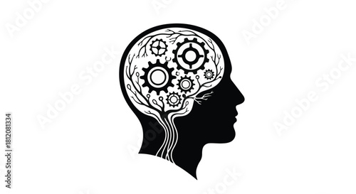 Intricate gears and tree branches forming a human head silhouette, symbolizing thought and growth.