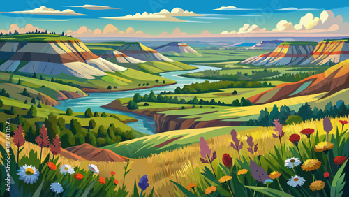 Very beautiful panoramic view of prairie grasslands and colorful wildflowers in the Theodore Roosevelt National Park – North Unit, with the Little Missouri River winding through the rugged North Dakot