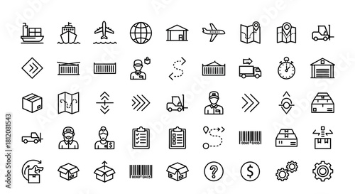 Collection of Black and White Delivery and Transportation Icons, Outlined Style.
