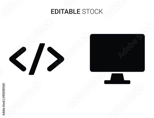 Code tag symbol and desktop monitor icon representing web development and programming