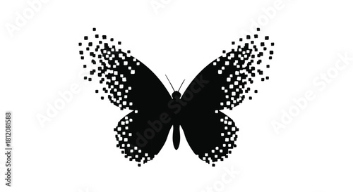 Elegant black butterfly silhouette dissolving into scattered dots on a white background, symbolizing transformation and delicate beauty.