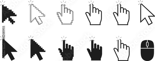 Collection of graphic symbols representing online browsing and user interface actions, including pointer arrows and hands clicking with starburst effects for interactive elements.