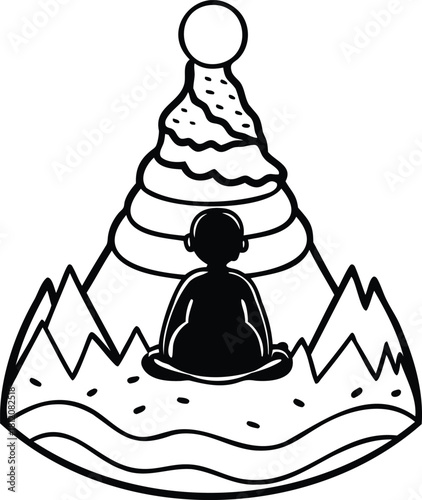 Vector illustration of Hindu god Ganesha silhouette sitting in yoga lotus position symbolizing peace, relaxation, and spiritual health