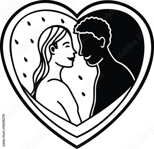 Silhouette illustration of a loving couple kissing with heart and profile art for wedding romance, passion, and family beauty
