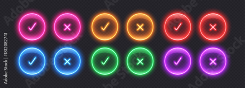Neon checkmark icons, glowing check buttons, glossy glass signs. Tick and cross symbols to select correct or wrong options from the list. Vector illustration.