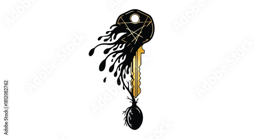 Mysterious key dissolving into dark, swirling ink, symbolizing secrets and the unknown.