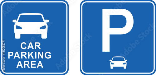 Graphic icon collection representing vehicle parking lot directions and traffic regulation, suitable for municipal signage, website maps, and travel applications.
