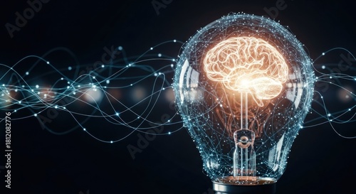 A glowing light bulb with a brain inside, emitting a blue glow with a black background.