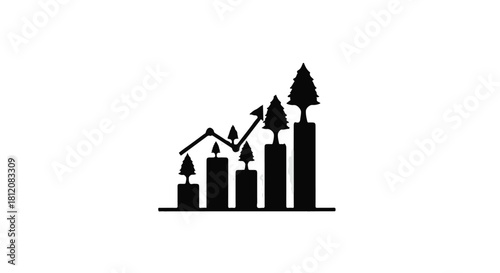Sustainable growth concept represented by trees on a rising bar chart, symbolizing environmental progress.