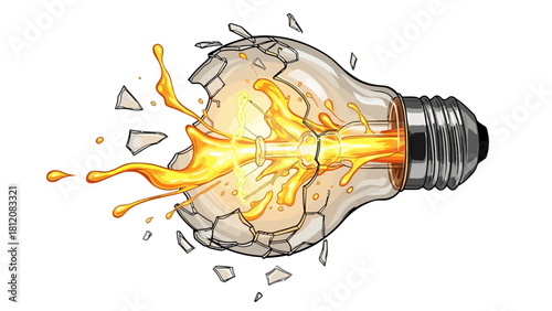 Exploding lightbulb with molten gold spilling out and fragments flying