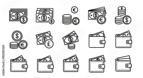 Collection of Black and White Line Art Money and Wallets Icons.