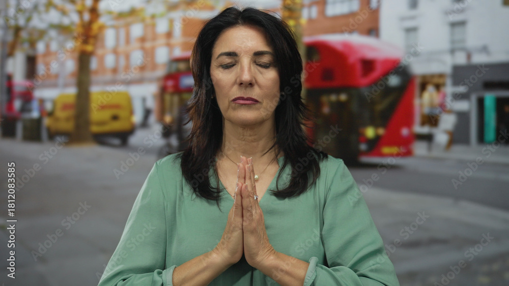 Fototapeta premium Hispanic woman with eyes closed pressing palms together at chest in prayer gesture on city street bus stop; calm reflection.