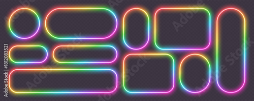 Neon glowing frames, rainbow banners light effect, bright illuminated borders. Spectrum design elements. Vector light effect.